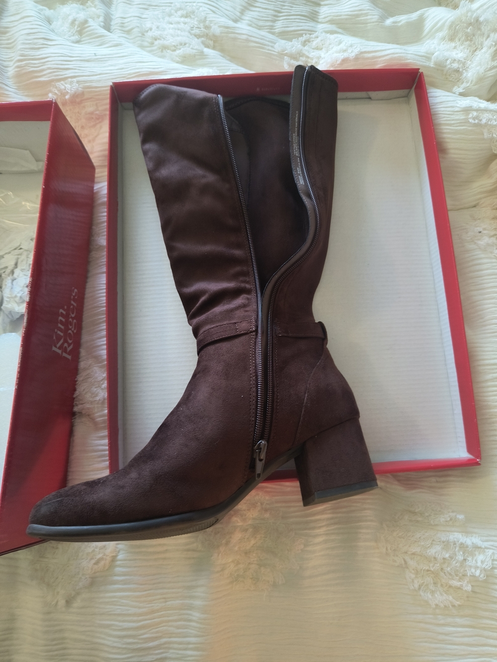 Brown Suede Mid-Calf Block Heel Boots